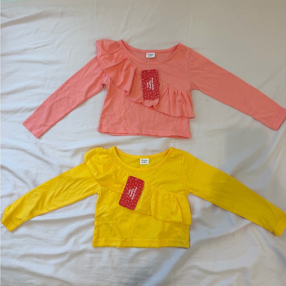 PatPat Pink and Yellow Ruffle Long Sleeve Tops